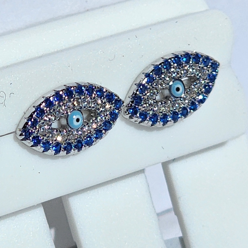Blue Evil Eye Women's Sterling Silver 925 Cubic Zirconia Studded Earrings - Picture 2 of 5